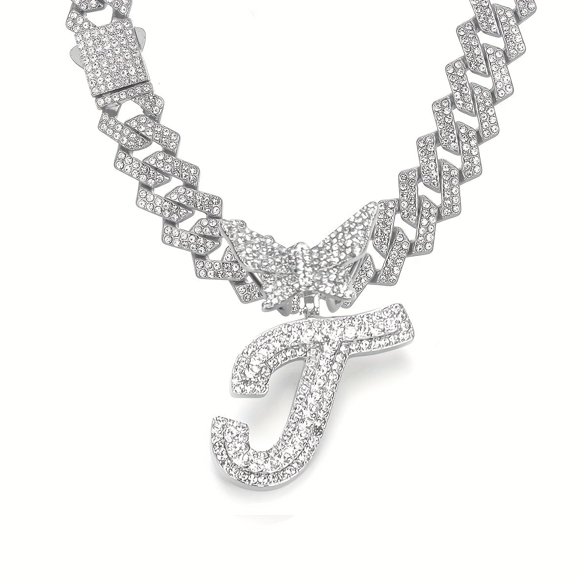 Initial Butterfly Pendant Cuban Link Chain Necklace Iced Out Rhinestone Chain Initial Letter Name Necklace