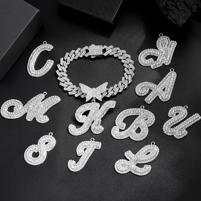 Initial Butterfly Pendant Cuban Link Chain Necklace Iced Out Rhinestone Chain Initial Letter Name Necklace
