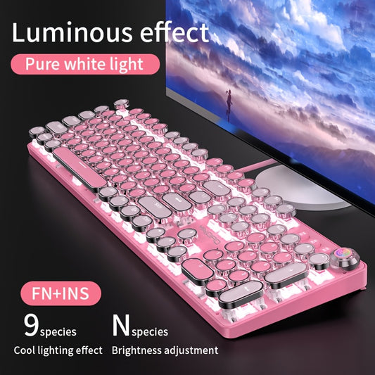 Pink Mechanical Keyboard with Blue Switches - Retro Keycaps, Backlit, USB-Powered for Gaming, Durable Design, No Battery Needed, Gaming Keyboard