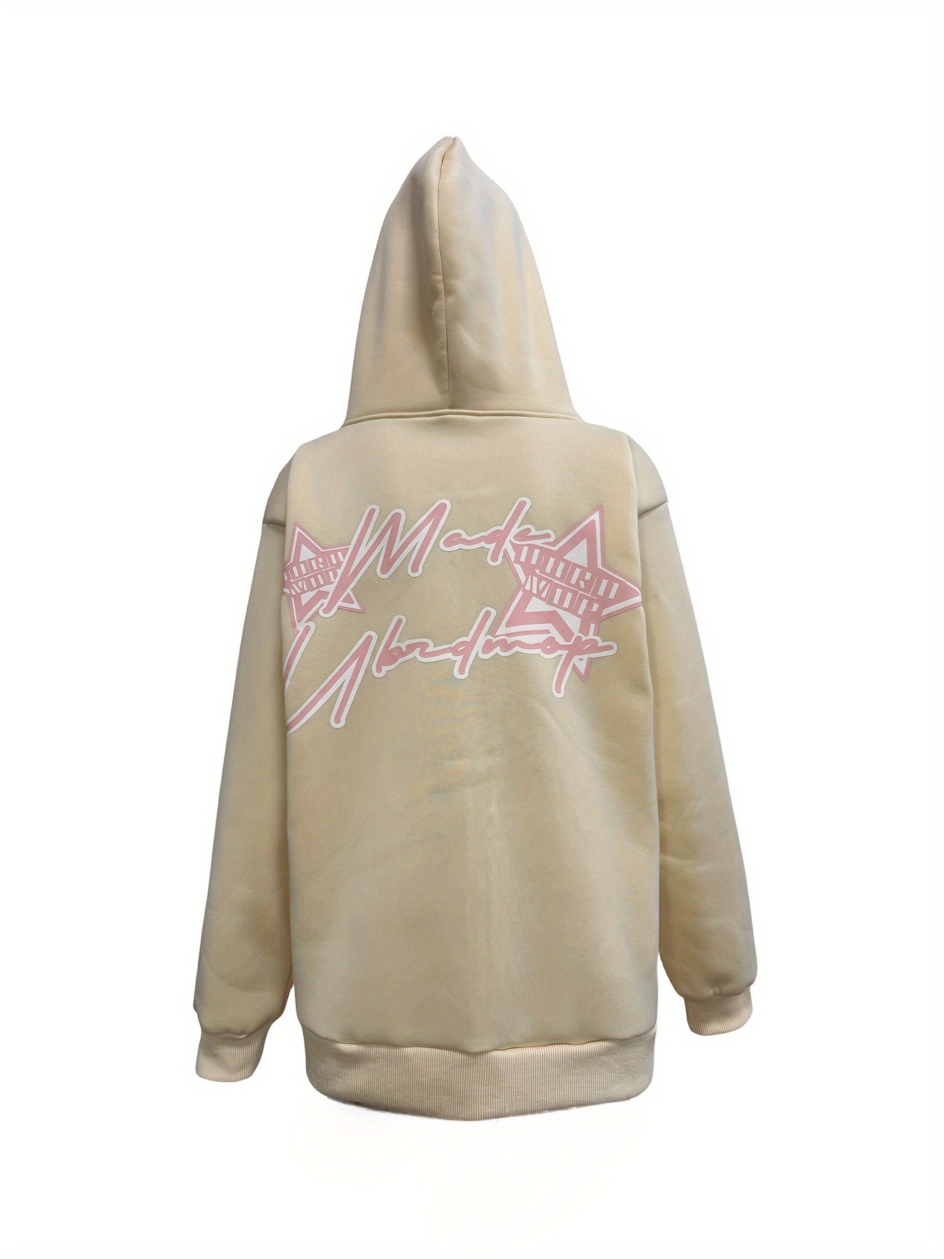 Y2K-Inspired Star & Letter Print Hoodie -  Long Sleeve Zip-Up Jacket for Women, Loose Fit with Asymmetrical Hem, Machine Washable