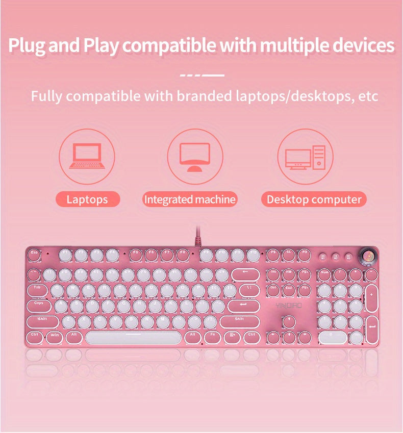 Pink Mechanical Keyboard with Blue Switches - Retro Keycaps, Backlit, USB-Powered for Gaming, Durable Design, No Battery Needed, Gaming Keyboard