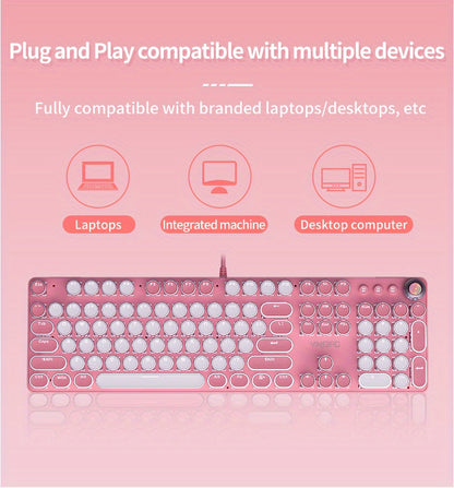 Pink Mechanical Keyboard with Blue Switches - Retro Keycaps, Backlit, USB-Powered for Gaming, Durable Design, No Battery Needed, Gaming Keyboard