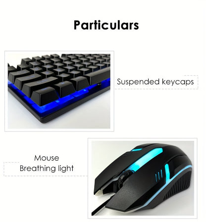Rainbow Backlit Wired Gaming Keyboard and Mouse Set, 19-Key Rollover, Adjustable Brightness, 2 Lighting Modes, Ergonomic Design, Hotkeys, Media Keys, USB Powered, No Battery