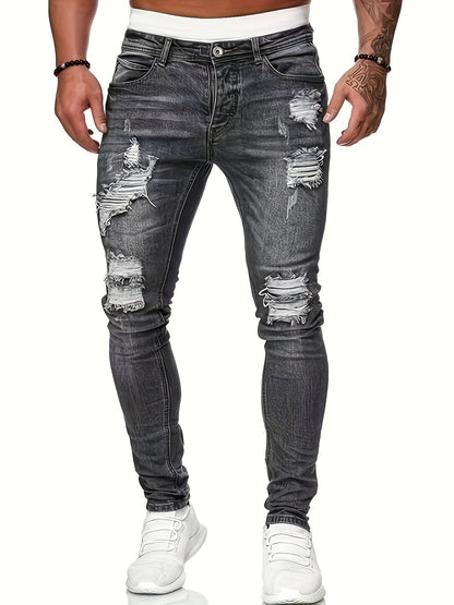 Mid Stretch Slim Fit Ripped Cotton Jeans, Men's Street Style Distressed Denim Pants